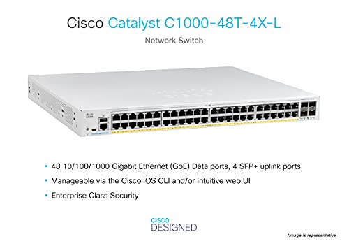 Cisco Catalyst 1000-48T-4X-L Network Switch, 48 Gigabit Ethernet (GbE) Ports, 4 10G SFP+ Uplink Ports, Enhanced Limited (C1000-48T-4X-L)