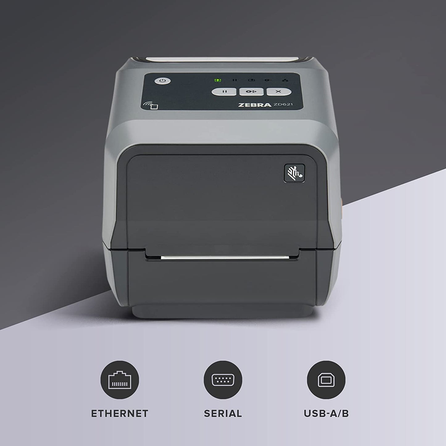 ZEBRA ZD621 Thermal Transfer Desktop Printer 300 dpi Print Width 4 inch USB Serial Ethernet Connectivity ZD6A043-301F00EZ, Requires Thermal Ribbon for Use