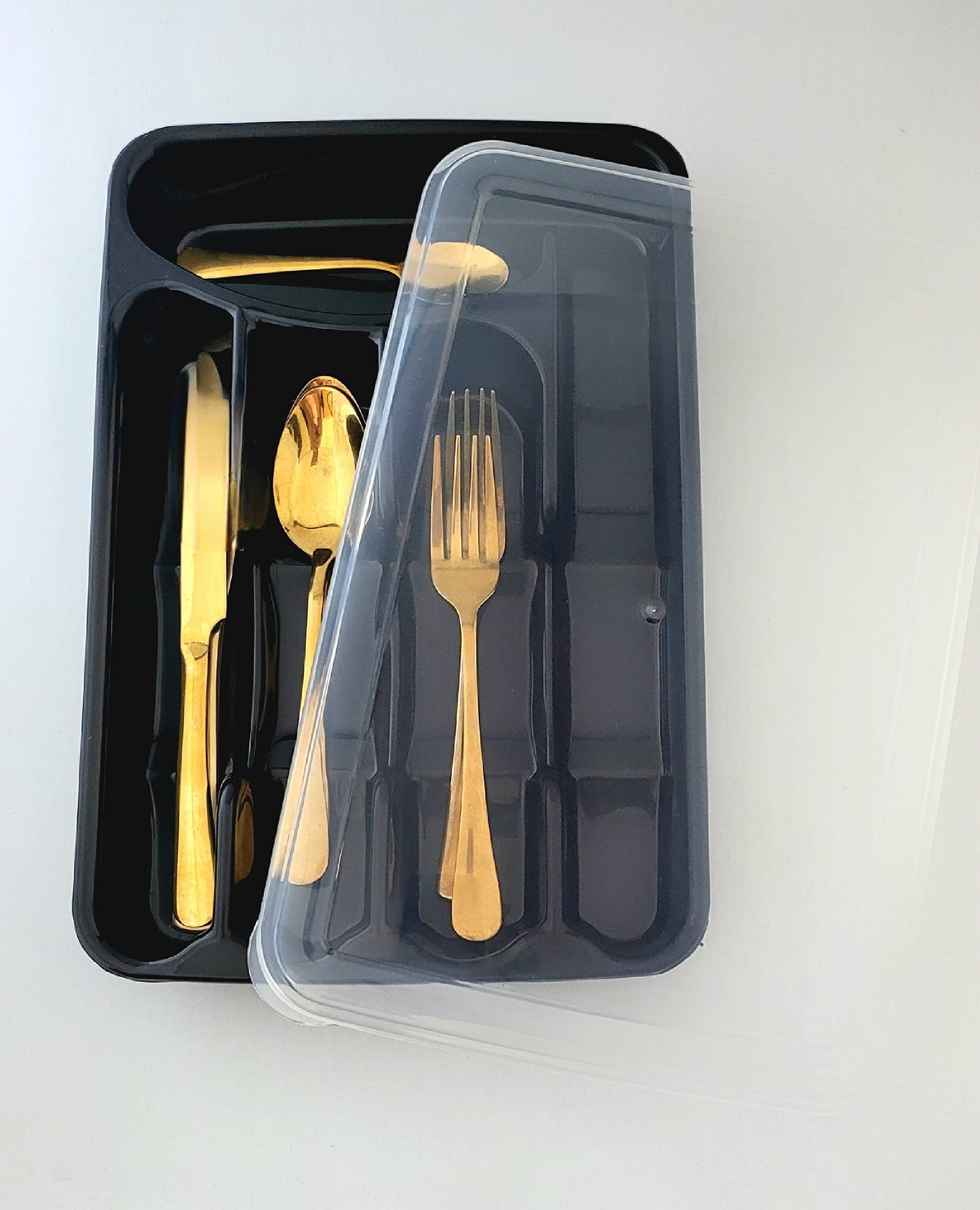 Utensil and Silverware Organizer tray for drawer with cover -Cutlery Flatware Organizer with lid - for kitchen drawer, BBQ, picnic, Covered flatware tray,5 Compartments - Plastic (BLACK)