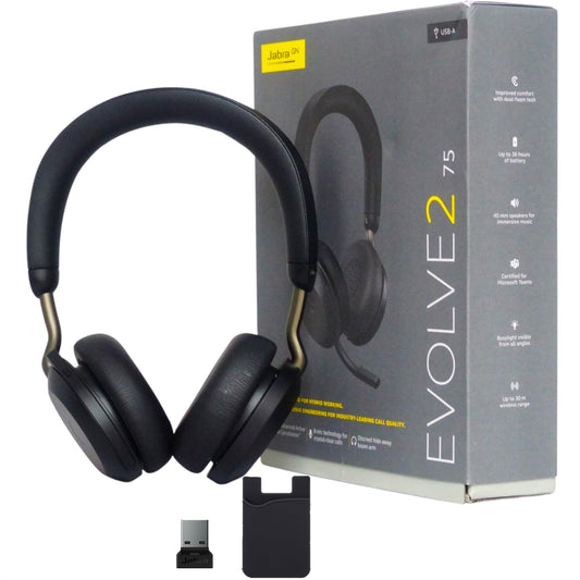Jabra Evolve2 75 Wireless Headset Stereo MS, USB A Bluetooth Dongle, Compatible with Zoom, Webex, Smartphones, Tablets, PC or MAC, 27599-999-999, with GTW Mobile Wallet & Global Teck Gold Support Plan
