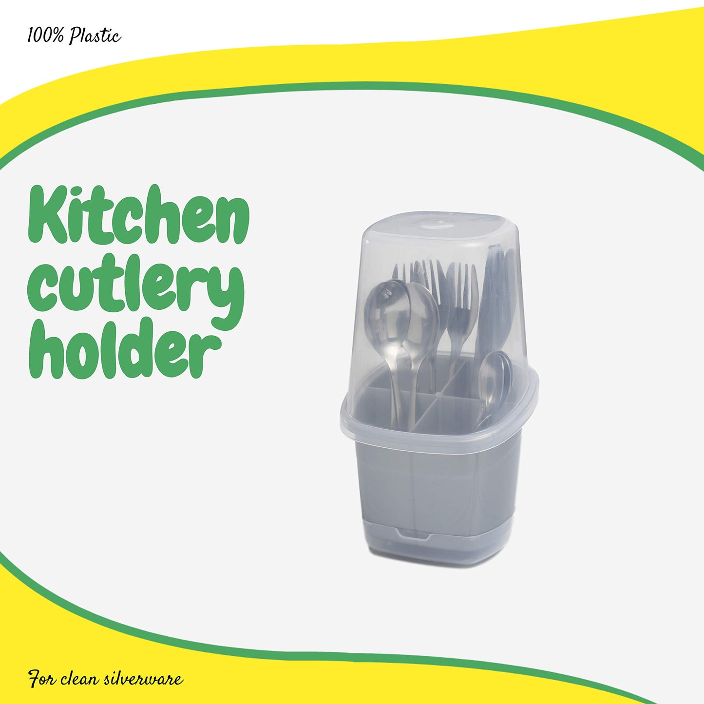 CELESTE HOME PRODUCT Toledo Cutlery holder with cover, Plastic Cutlery Storage Organizer for Kitchen Cabinet or Pantry - Basket Organizer for Forks, Knives and Spoons. With cover. Silver
