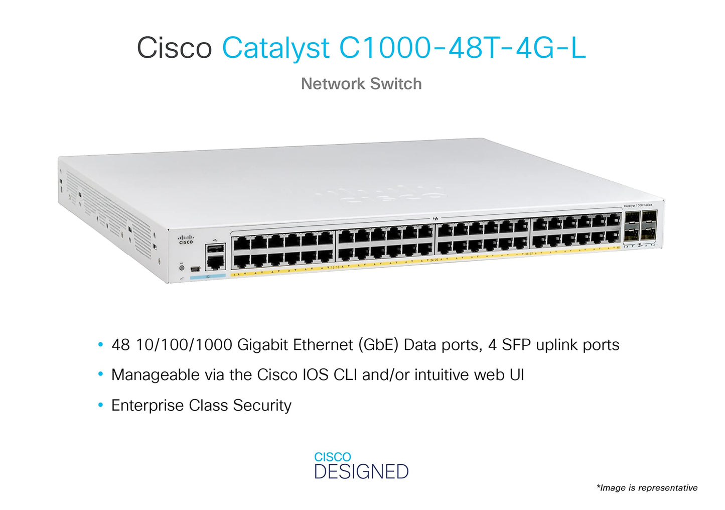 Cisco Catalyst 1000-48T-4G-L Network Switch, 48 Gigabit Ethernet Ports, 4 1G SFP Uplink Ports, Enhanced Limited (C1000-48T-4G-L)