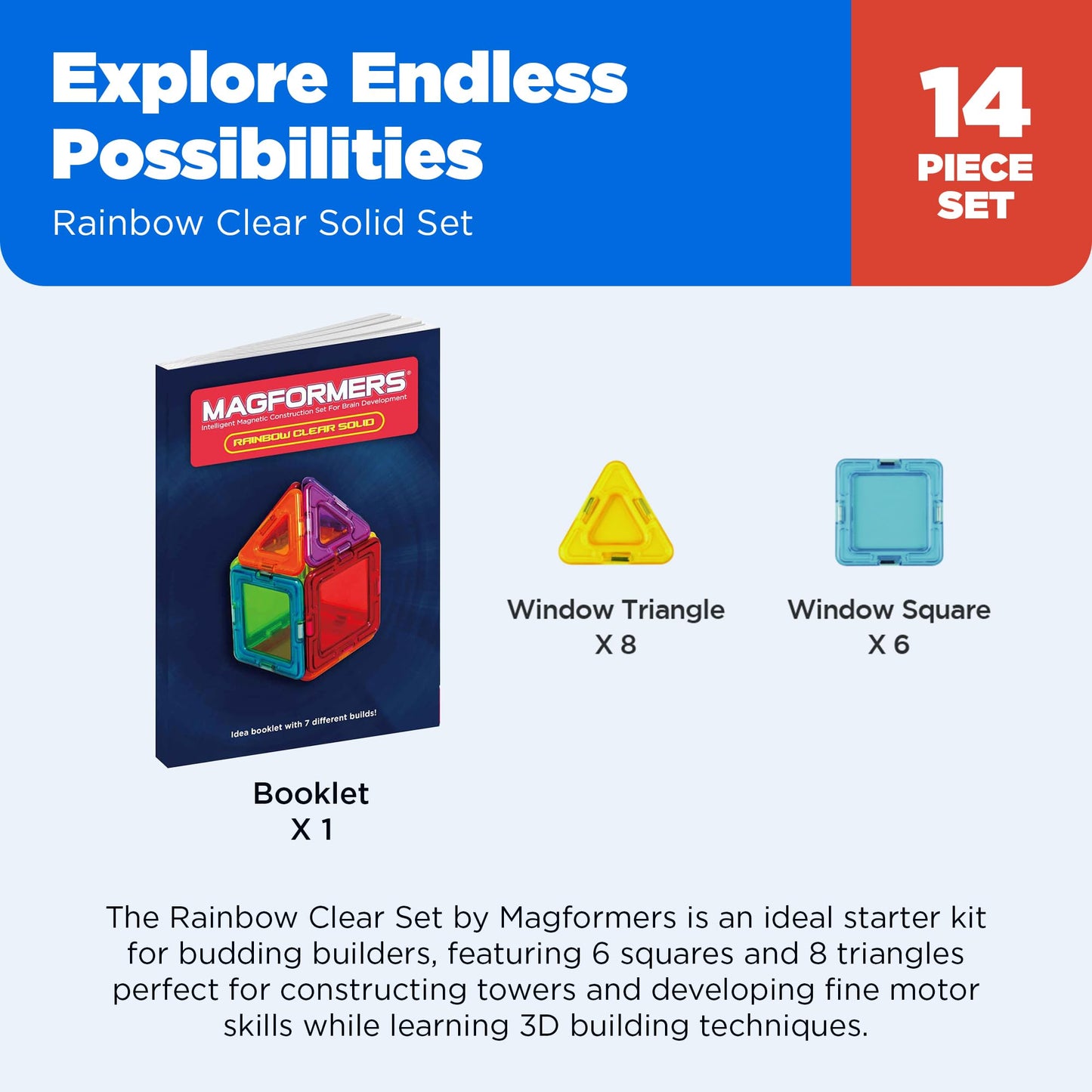 Magformers Solids Clear Rainbow 14 Pc Set - Magnetic Tiles Building Blocks, Educational Kit, STEM Toy Set - Magnetic Building Tiles for Kids to Develop Problem-Solving Abilities and Shape Recognition