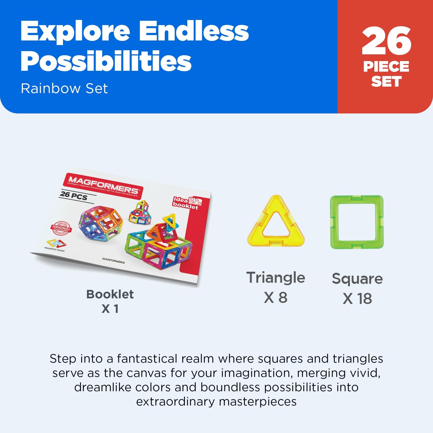 Magformers Rainbow 26PC Set | Magnetic Tiles Building Blocks, Educational STEM Toy Set | Magnetic Building Tiles for Kids to Develop Problem-Solving Abilities and Shape Recognition