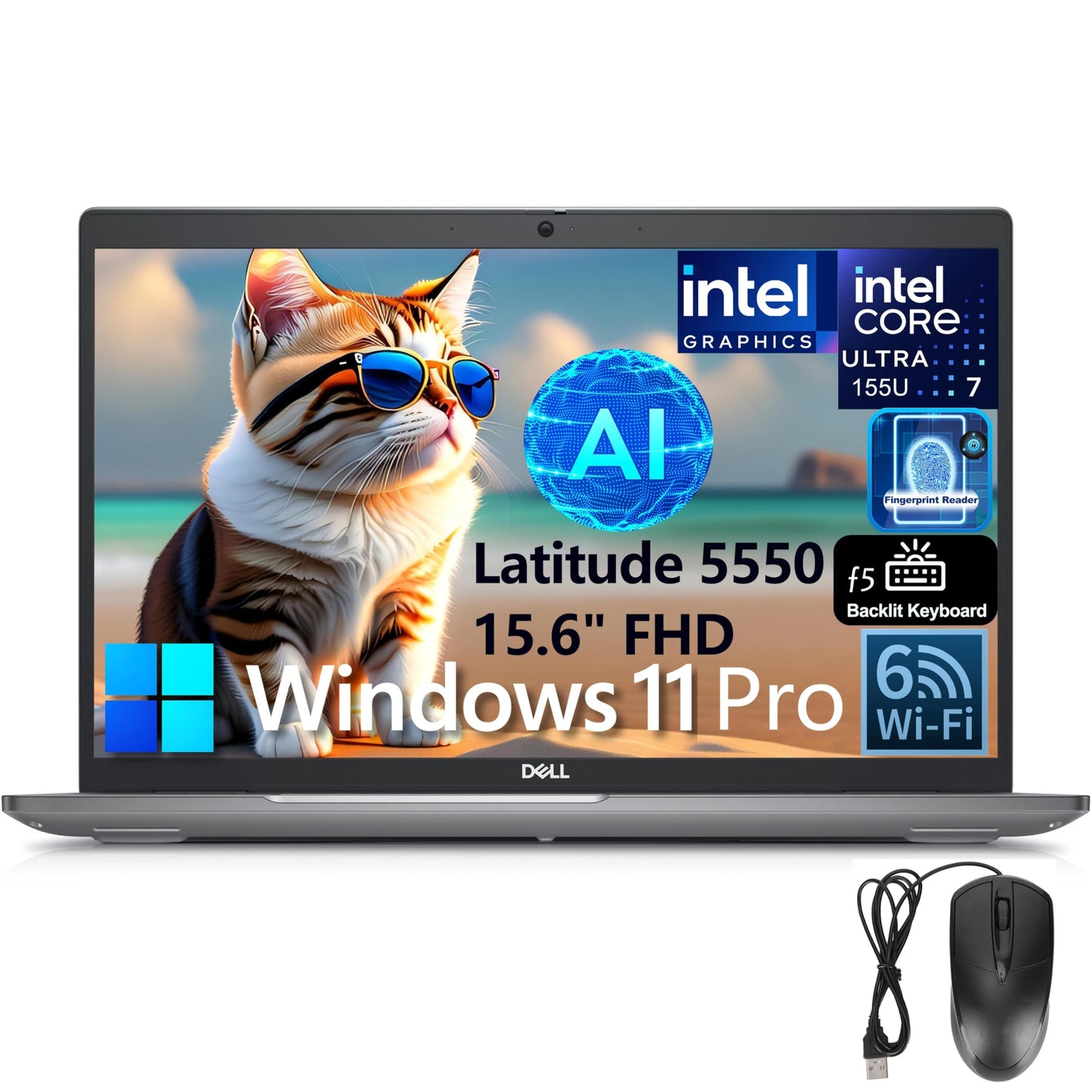 Dell Latitude 5550 15 Business AI Laptop, 15.6" FHD Computer, Intel Ultra 7 155U (Beat i7-1355U), 32GB DDR5 RAM, 1TB SSD, WiFi 6, Backlit Keyboard, Fingerprint Reader, Windows 11 Pro