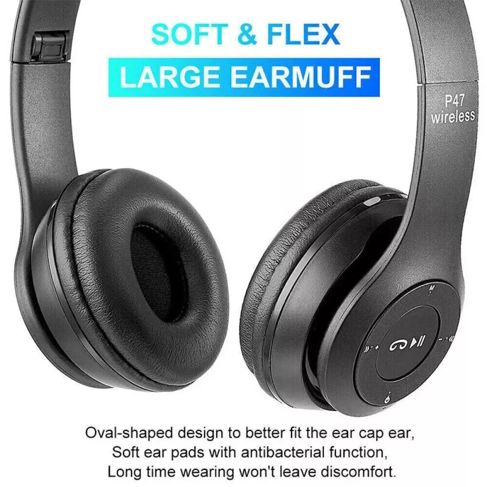 P47 Foldable Wireless Bluetooth Stereo FM Over Ear Headphones