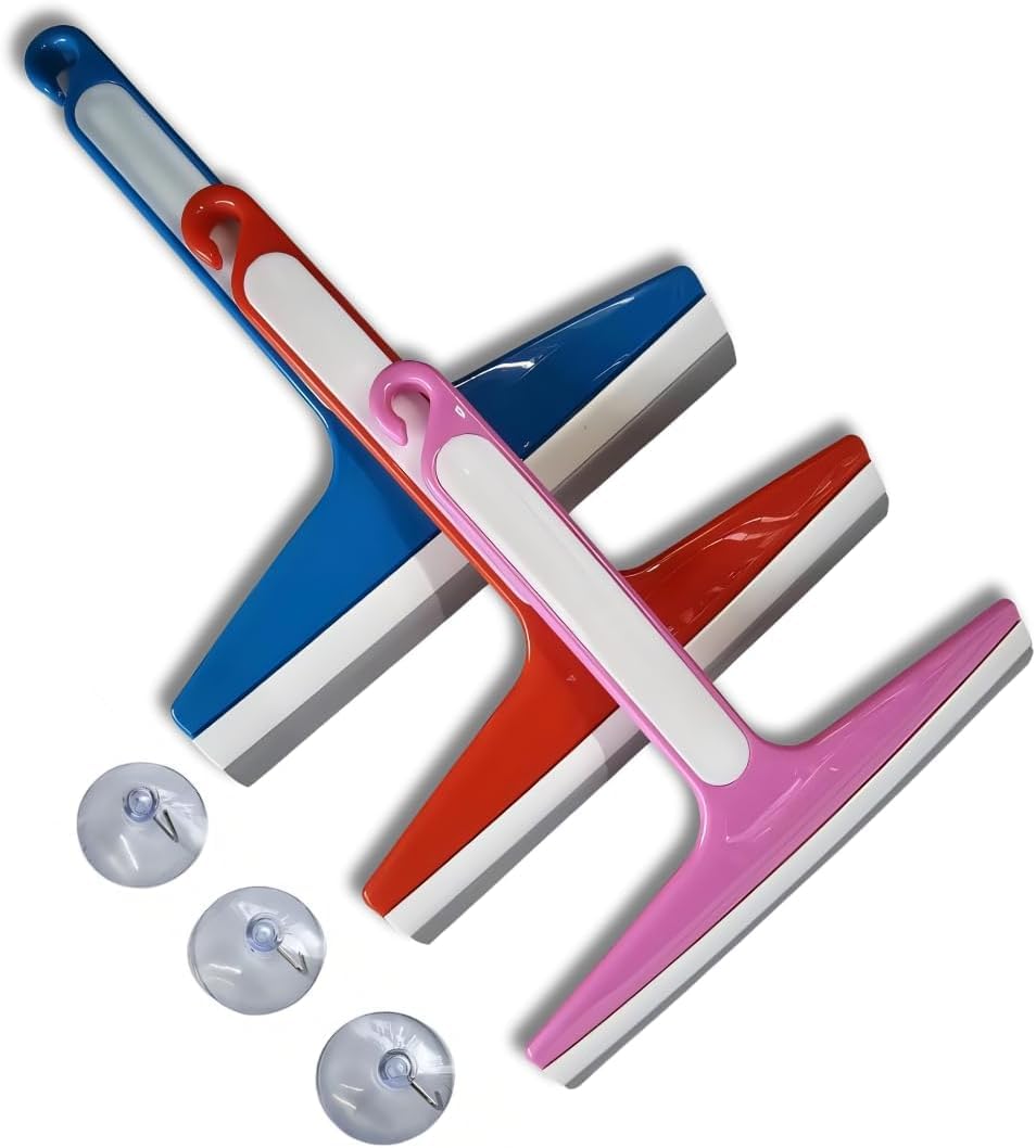Shower Squeegee with Sticking Hook, Cleaner for Bathroom, Multi-Purpose Rubber Squeegee for Shower Door, Glass Window Wiper, Car Windshield, Mirror, Kitchen Sink, Bathroom7.5 inch, 3 Color (Set of3)