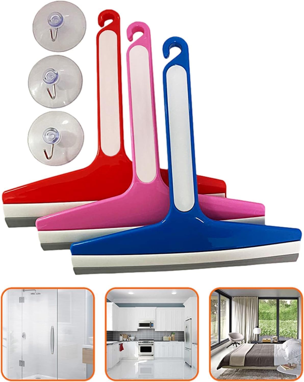 Shower Squeegee with Sticking Hook, Cleaner for Bathroom, Multi-Purpose Rubber Squeegee for Shower Door, Glass Window Wiper, Car Windshield, Mirror, Kitchen Sink, Bathroom7.5 inch, 3 Color (Set of3)