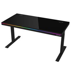 LORGAR stůl s nastavitelnou výškou, bezdrátovou nabíječkou, RGB osvětlením a USB porty,  tvrzené sklo, černý