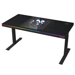 LORGAR stůl s volitelnou výškou, vestavěnou skříní pro PC, bezdrátovou nabíječkou, RGB a USB porty,  dřevěná deska