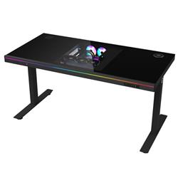 LORGAR stůl s volitelnou výškou, vestavěnou skříní pro PC, bezdrátovou nabíječkou, RGB a USB porty, tvrzené  sklo
